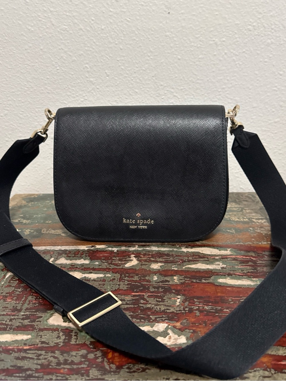 kate spade Black Saffiano Leather Crossbody with Gold Accents